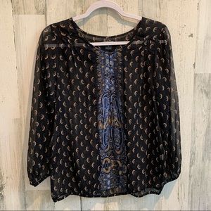 Lucky Brand Black Paisley Beaded Peasant Blouse with Blue and Gold Accents